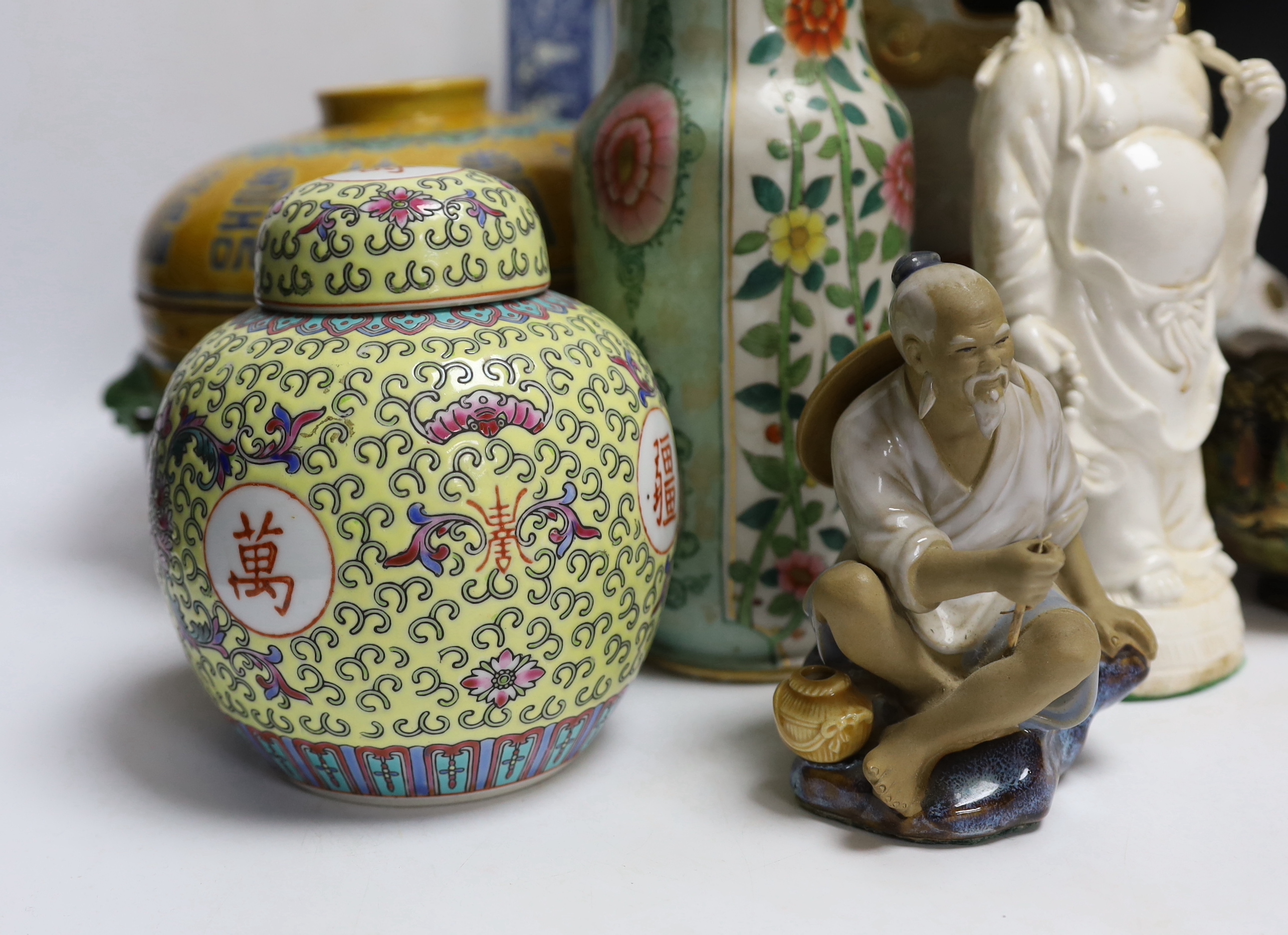 A collection of mostly Chinese ceramics, to include a vase, a lion dog, etc. blue and white dish 26cm square